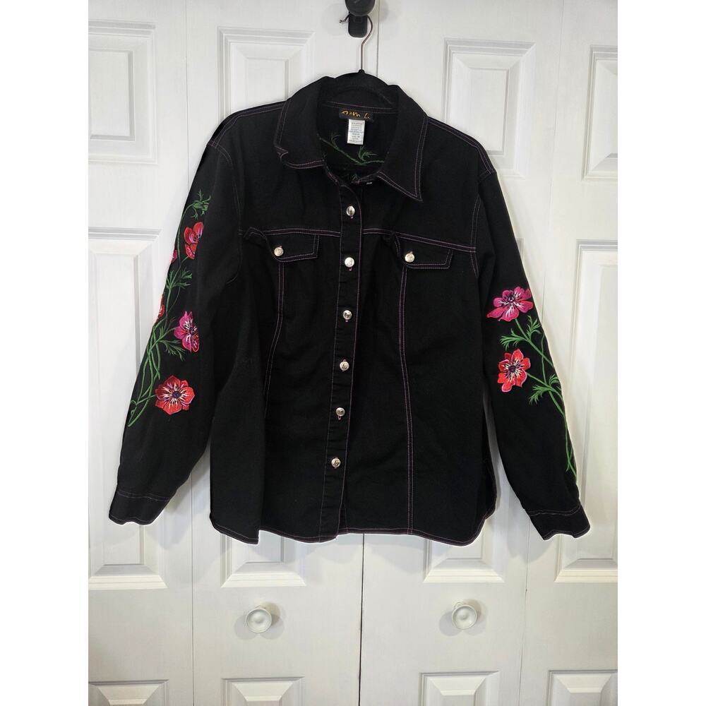 Bob Mackie Shirt Jacket Womens 1X Black Floral Wearable Art Stretch 90 Retro VTG